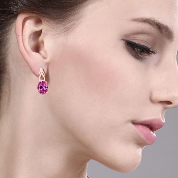 18K Rose Gold 925 with 4.80 Cttw Pink Sapphire Oval Post Back Drop Earrings - Picture 3 of 4